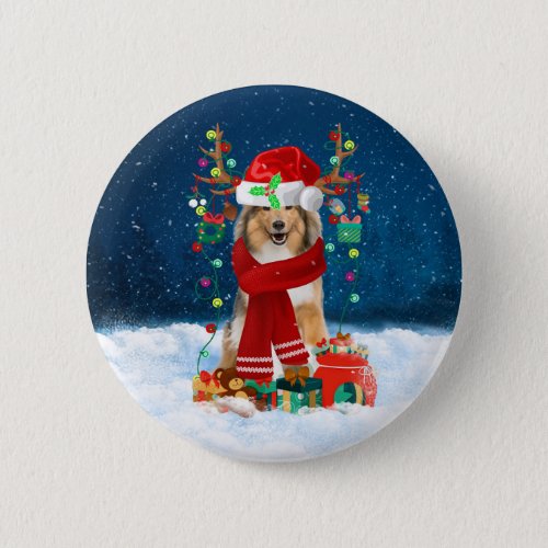 Rough Collie Dog in Snow with Christmas Gifts  Button