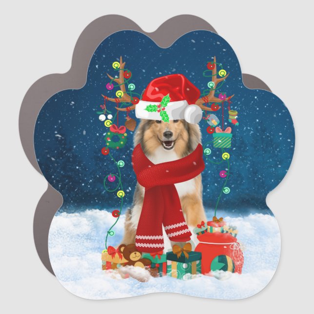 Rough Collie Dog in Snow with Christmas Gifts  Car Magnet (Front)