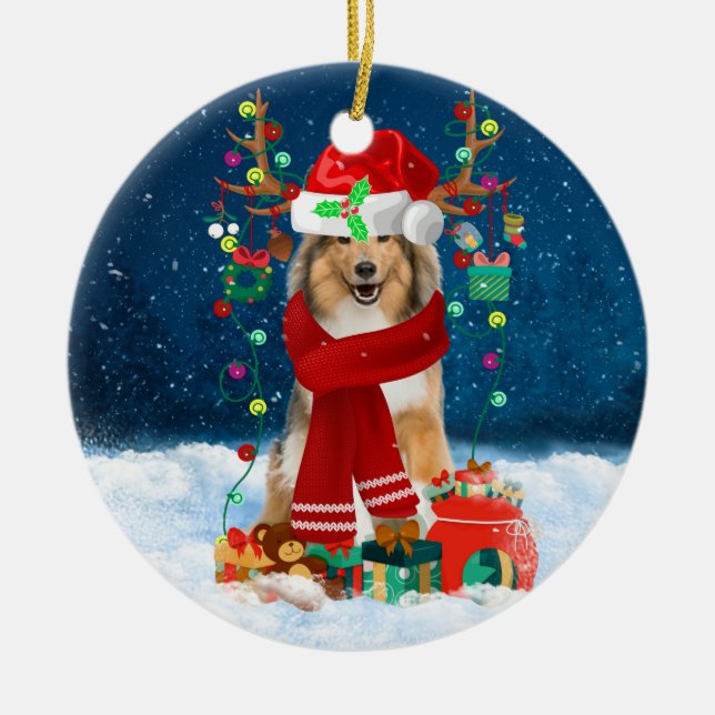 Rough Collie Dog in Snow with Christmas Gifts  Ceramic Ornament (Front)