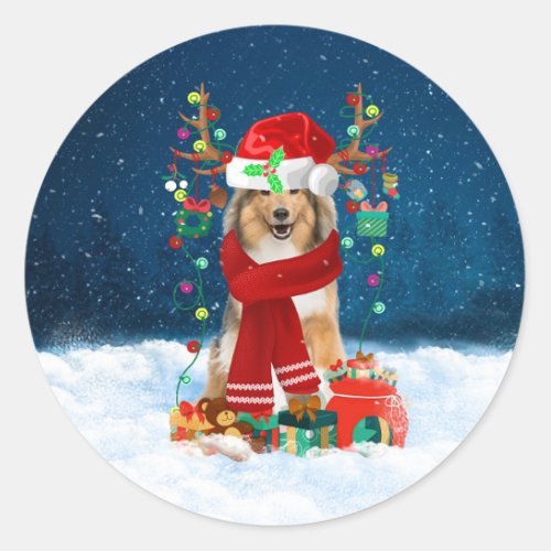 Rough Collie Dog in Snow with Christmas Gifts  Classic Round Sticker