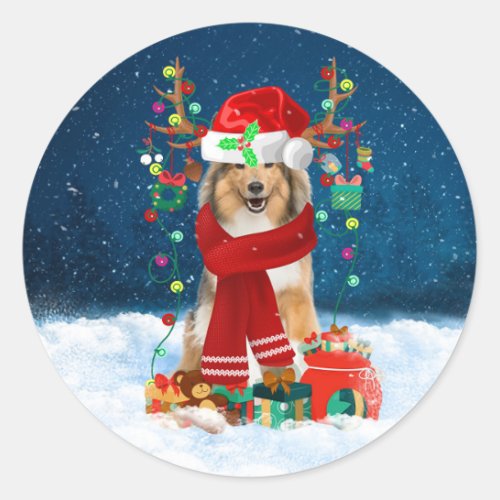 Rough Collie Dog in Snow with Christmas Gifts  Classic Round Sticker