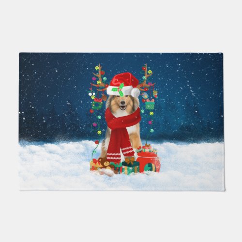 Rough Collie Dog in Snow with Christmas Gifts  Doormat