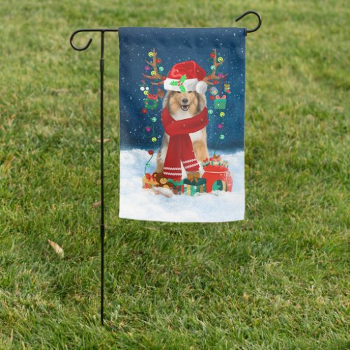 Rough Collie Dog in Snow with Christmas Gifts Garden Flag