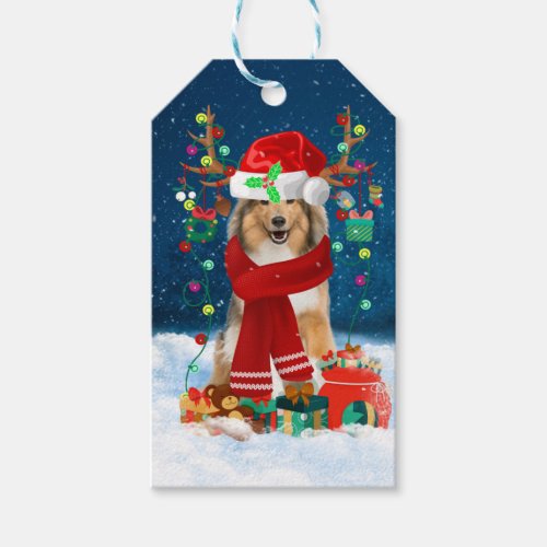 Rough Collie Dog in Snow with Christmas Gifts  Gift Tags