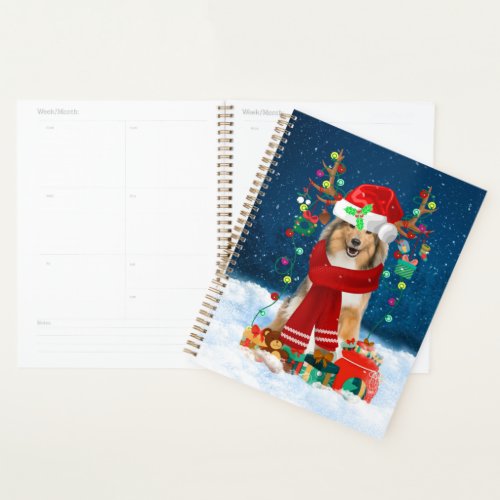 Rough Collie Dog in Snow with Christmas Gifts  Planner