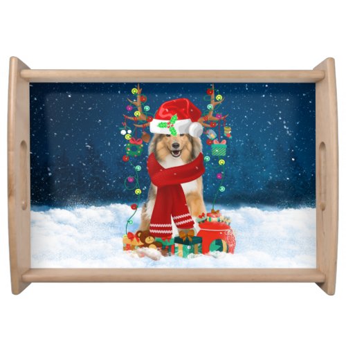 Rough Collie Dog in Snow with Christmas Gifts  Serving Tray