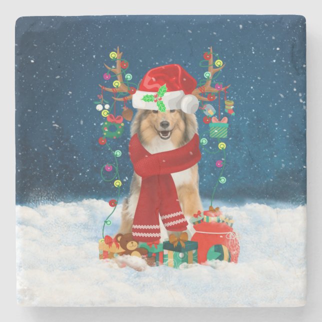 Rough Collie Dog in Snow with Christmas Gifts Stone Coaster (Front)