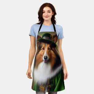 Rough Collie Dog in St. Patrick's Day Dress Apron