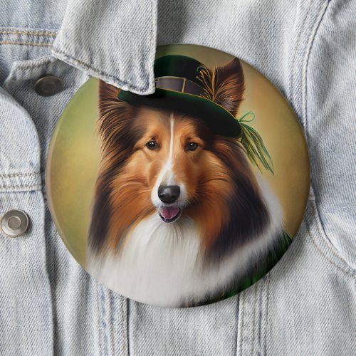 Rough Collie Dog in St Patricks Day Dress Button