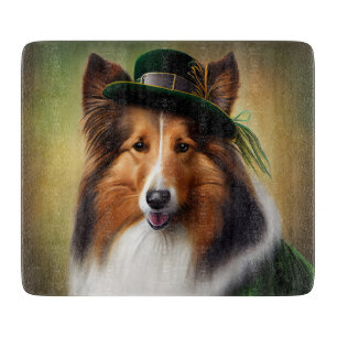 Rough Collie Dog in St. Patrick's Day Dress Cutting Board