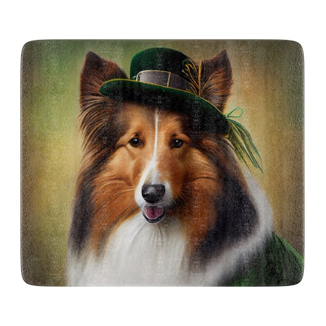 Rough Collie Dog in St. Patrick's Day Dress Cutting Board (Front)