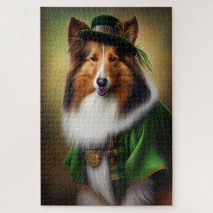 Rough Collie Dog in St. Patrick's Day Dress Jigsaw Puzzle
