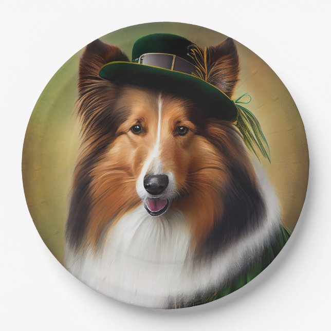Rough Collie Dog in St. Patrick's Day Dress Paper Plates (Front)