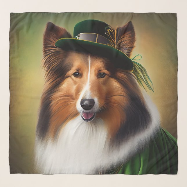 Rough Collie Dog in St. Patrick's Day Dress Scarf (Front)