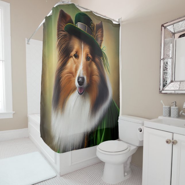 Rough Collie Dog in St. Patrick's Day Dress Shower Curtain (In Situ)