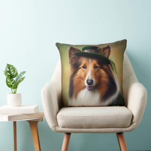 Rough Collie Dog in St Patricks Day Dress Throw Pillow