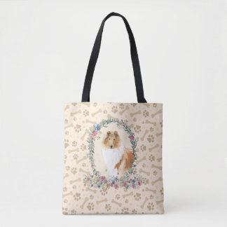 Rough Collie Dog Paw Print & Dog Bone Cute Tote Bag