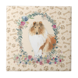 Rough Collie Dog Paw Print Floral Cute Beige Ceramic Tile