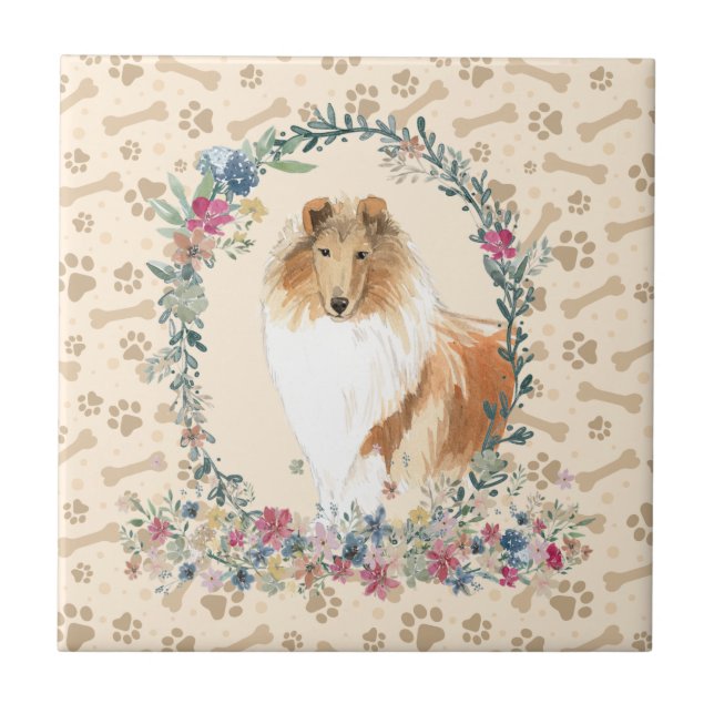 Rough Collie Dog Paw Print Floral Cute Beige Ceramic Tile (Front)