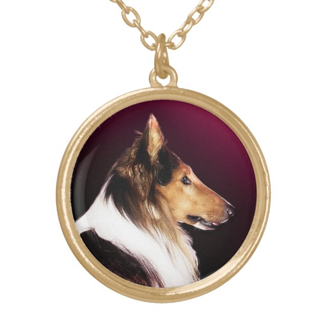 Rough Collie Dog Portrait Gold Plated Necklace (Front)