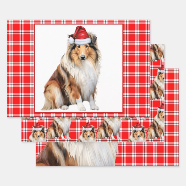 Rough Collie Dog Red Plaid Christmas Wrapping Paper Sheets (Set)