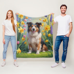 Rough Collie Dog Spring Flowers Painting Fleece Blanket