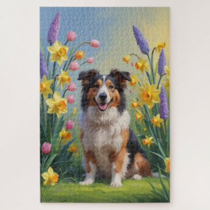 Rough Collie Dog Spring Flowers Painting Jigsaw Puzzle