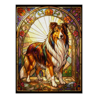 Rough Collie Dog Stained Glass Art Nouveau Poster