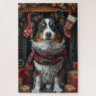 Rough Collie Dog With Christmas Gifts Fireplace Jigsaw Puzzle