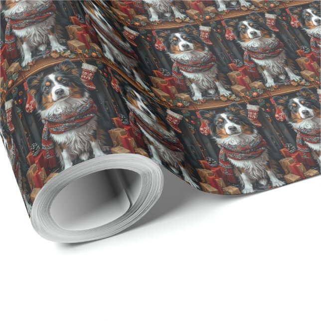 Rough Collie Dog With Christmas Gifts Fireplace Wrapping Paper (Roll Corner)