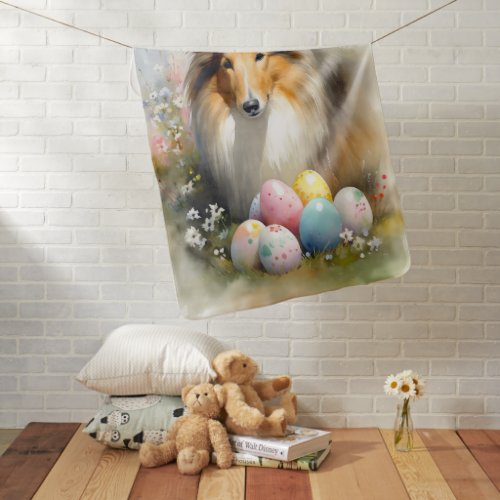Rough Collie Dog with Easter Eggs Holiday  Baby Blanket