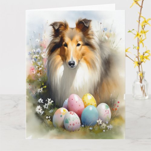 Rough Collie Dog with Easter Eggs Holiday  Card