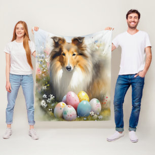 Rough Collie Dog with Easter Eggs Holiday Fleece Blanket