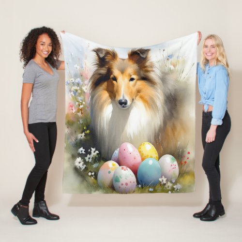 Rough Collie Dog with Easter Eggs Holiday  Fleece Blanket