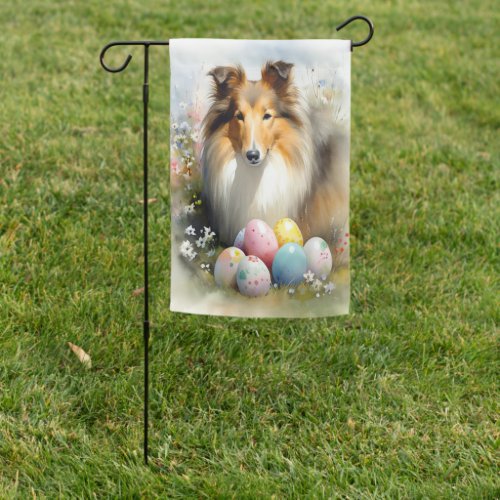 Rough Collie Dog with Easter Eggs Holiday  Garden Flag