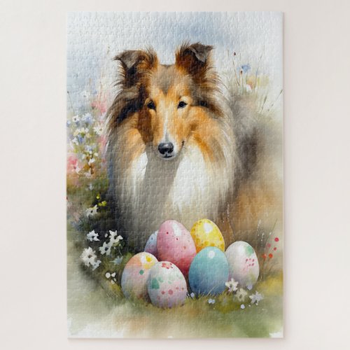 Rough Collie Dog with Easter Eggs Holiday  Jigsaw Puzzle