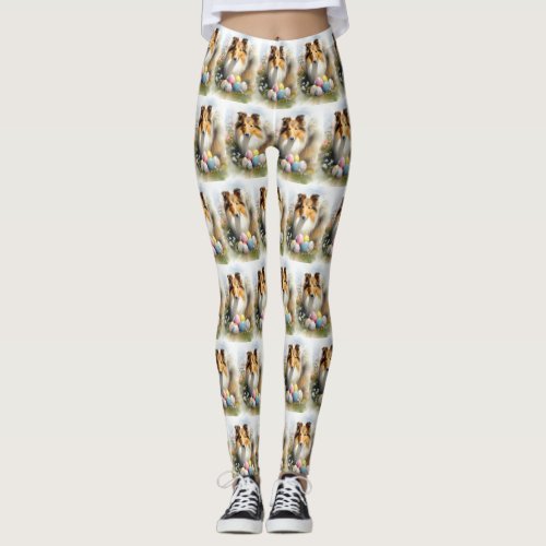 Rough Collie Dog with Easter Eggs Holiday  Leggings
