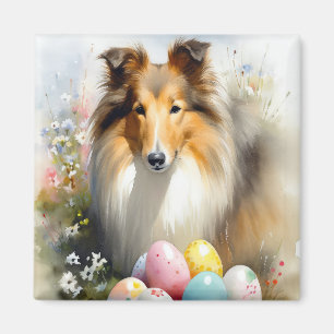 Rough Collie Dog with Easter Eggs Holiday Magnet