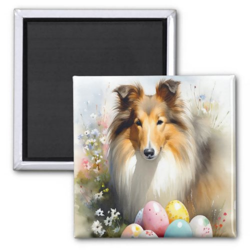 Rough Collie Dog with Easter Eggs Holiday  Magnet