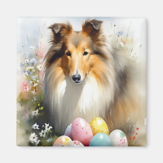 Rough Collie Dog with Easter Eggs Holiday  Magnet (Front)