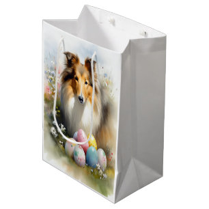 Rough Collie Dog with Easter Eggs Holiday Medium Gift Bag