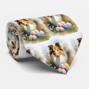 Rough Collie Dog with Easter Eggs Holiday Neck Tie