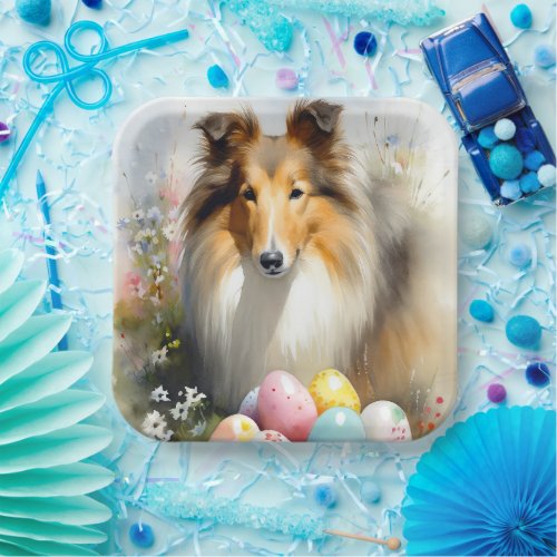 Rough Collie Dog with Easter Eggs Holiday  Paper Plates