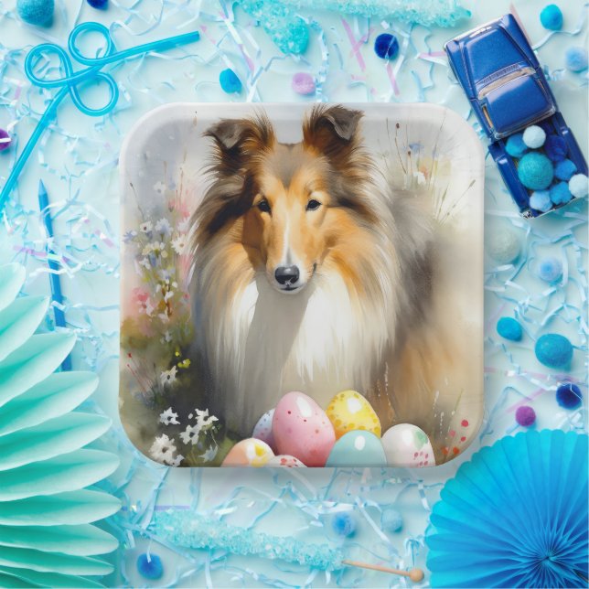 Rough Collie Dog with Easter Eggs Holiday  Paper Plates (Party)