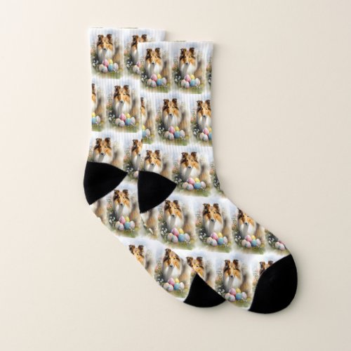 Rough Collie Dog with Easter Eggs Holiday  Socks