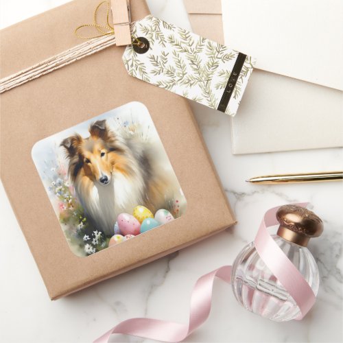 Rough Collie Dog with Easter Eggs Holiday  Square Sticker