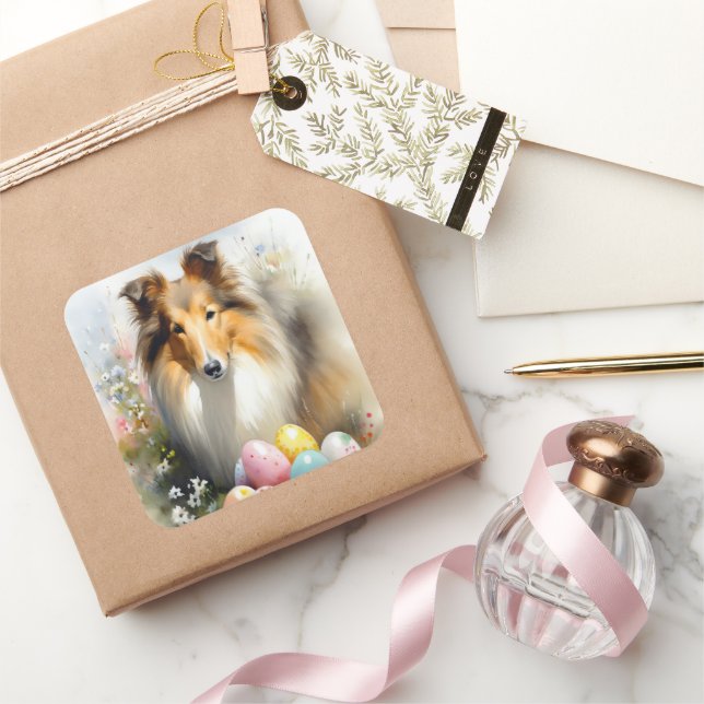 Rough Collie Dog with Easter Eggs Holiday  Square Sticker (Gifting)