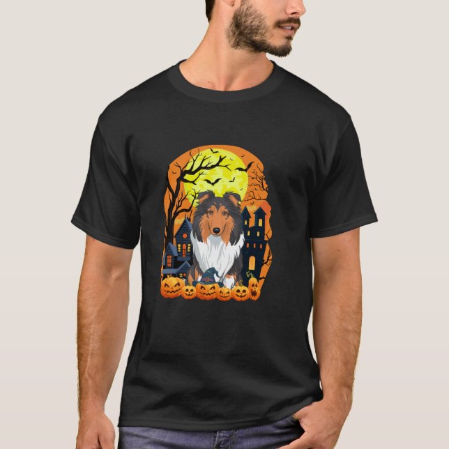 Rough Collie Dog With Pumpkins Funny Scary Hallowe T-Shirt (Front)