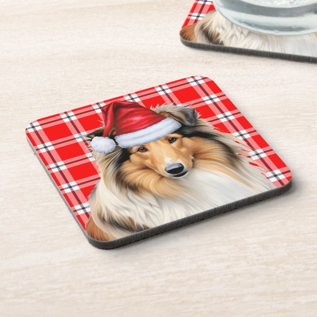 Rough Collie Dog with Red Holiday Plaid Christmas Beverage Coaster (Left Side)