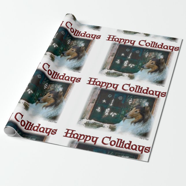 Rough Collie Happy Collidays Christmas Wrapping Paper (Unrolled)